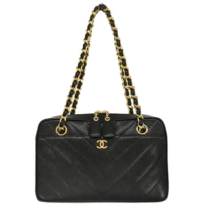 Chanel 2000-2001 Black Caviar Chevron Shoulder Bag