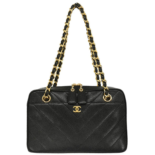 Chanel 2000-2001 Black Caviar Chevron Shoulder Bag