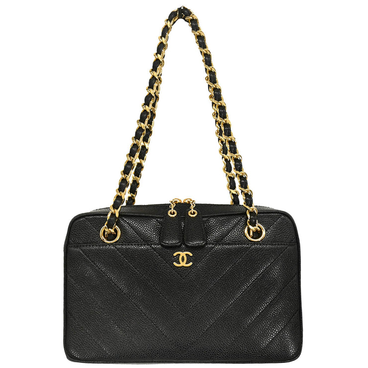 Chanel 2000-2001 Black Caviar Chevron Shoulder Bag