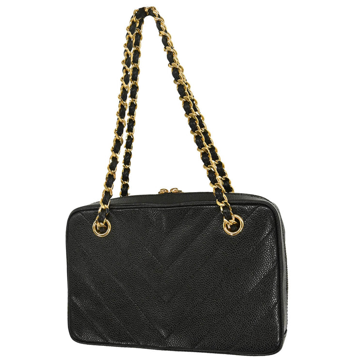 Chanel 2000-2001 Black Caviar Chevron Shoulder Bag