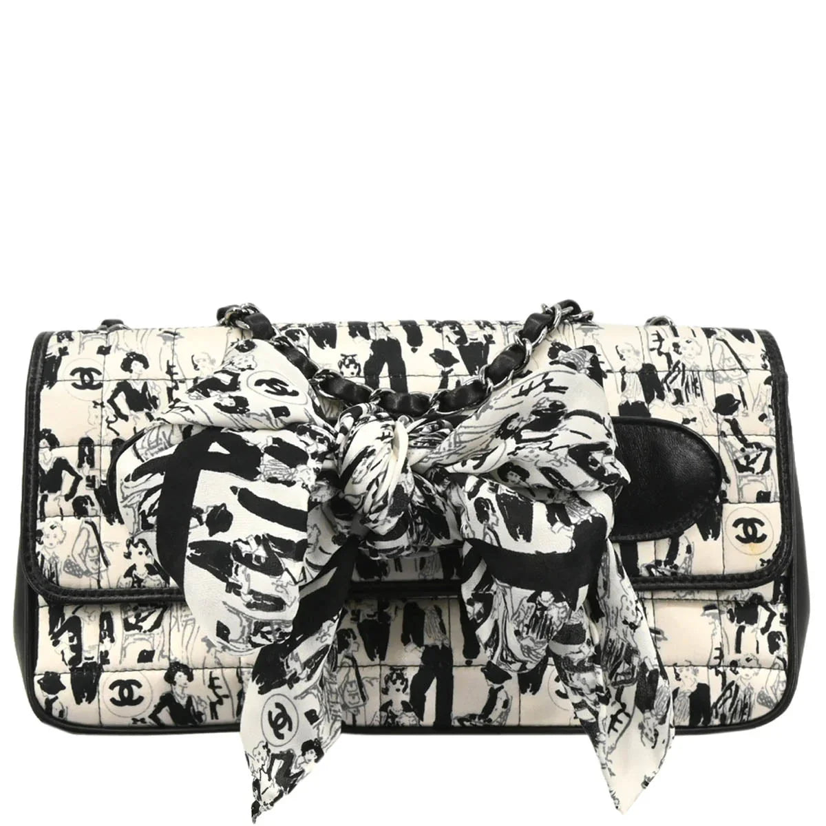 Chanel 2003-2004 White Black Silk Choco Bar Shoulder Bag