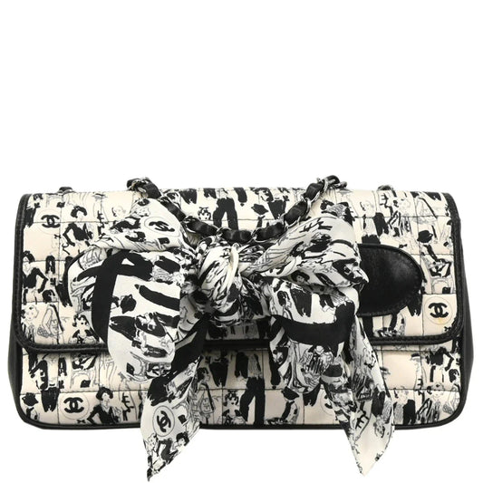 Chanel 2003-2004 White Black Silk Choco Bar Shoulder Bag