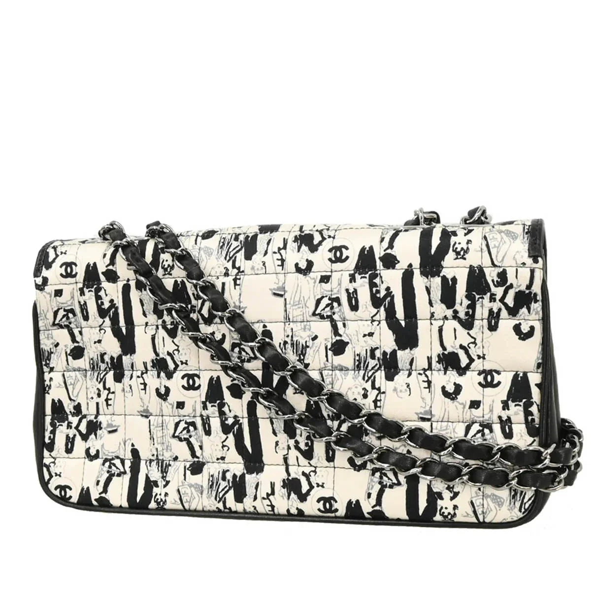 Chanel 2003-2004 White Black Silk Choco Bar Shoulder Bag