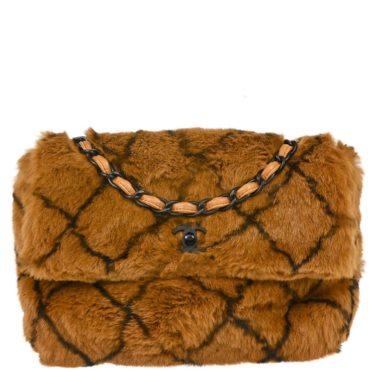 Chanel 2000-2001 Brown Fur Straight Flap Shoulder Bag