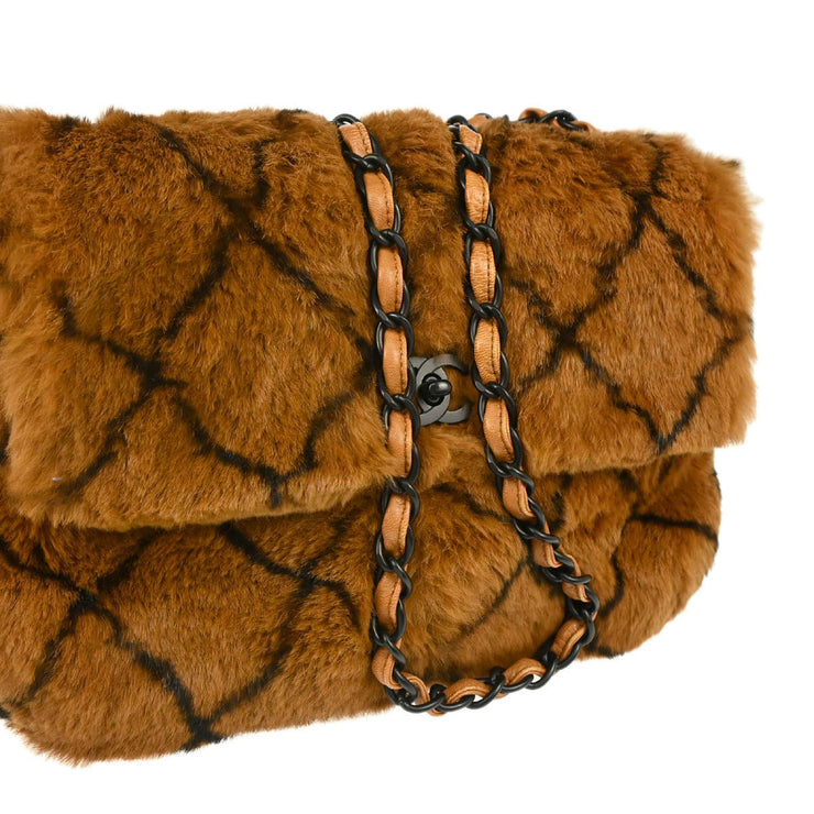 Chanel 2000-2001 Brown Fur Straight Flap Shoulder Bag