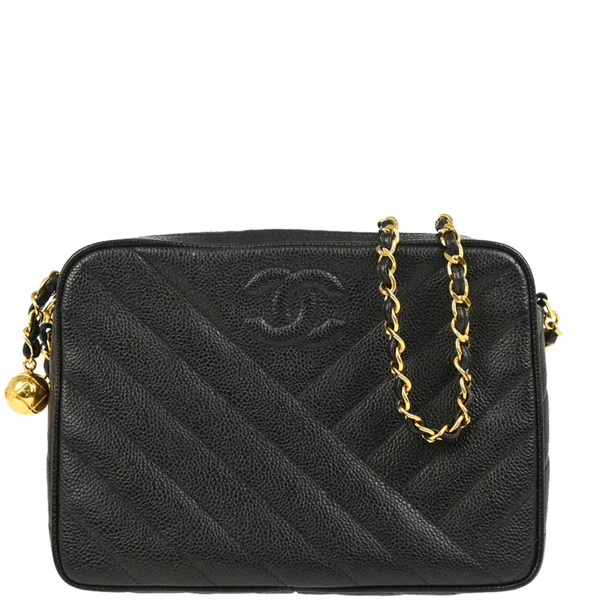 Chanel 1991-1994 Black Caviar Bias Stitch Camera Bag Small Shoulder Bag