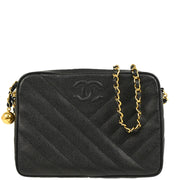 Chanel 1991-1994 Black Caviar Bias Stitch Camera Bag Small Shoulder Bag