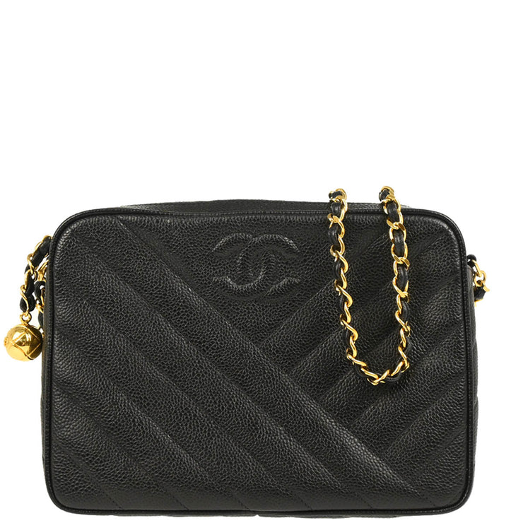 Chanel 1991-1994 Black Caviar Bias Stitch Camera Bag Small Shoulder Bag