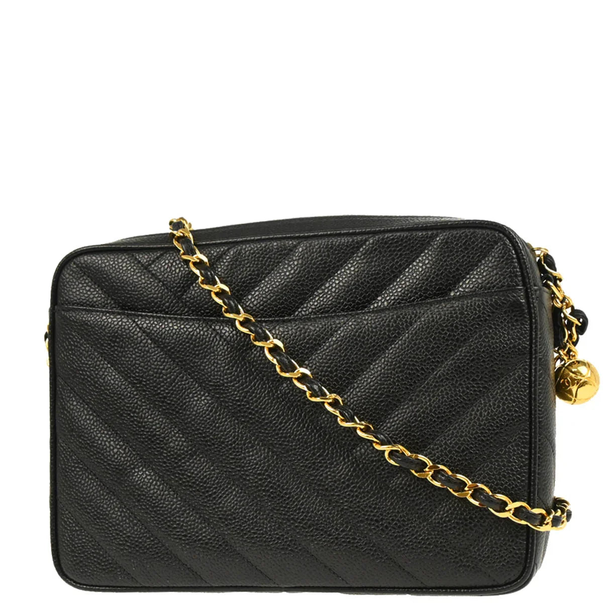 Chanel 1991-1994 Black Caviar Bias Stitch Camera Bag Small Shoulder Bag