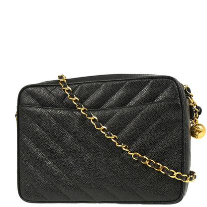 Chanel 1991-1994 Black Caviar Bias Stitch Camera Bag Small Shoulder Bag