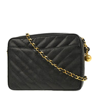 Chanel 1991-1994 Black Caviar Bias Stitch Camera Bag Small Shoulder Bag