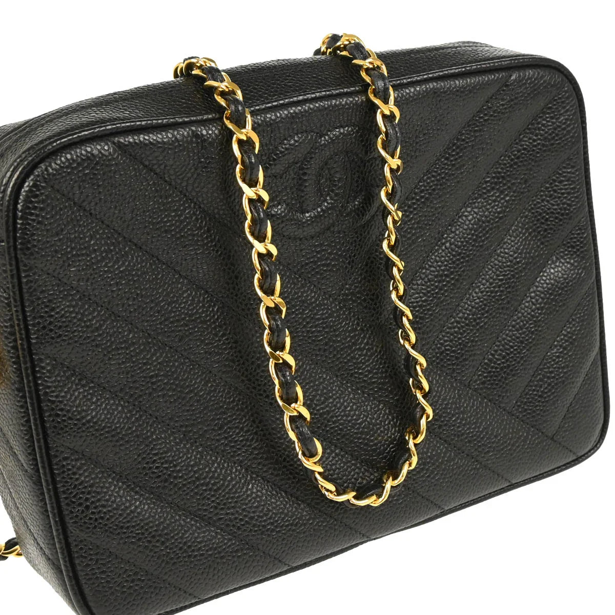 Chanel 1991-1994 Black Caviar Bias Stitch Camera Bag Small Shoulder Bag