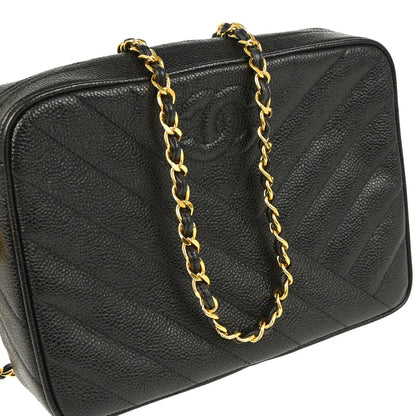 Chanel 1991-1994 Black Caviar Bias Stitch Camera Bag Small Shoulder Bag
