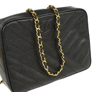 Chanel 1991-1994 Black Caviar Bias Stitch Camera Bag Small Shoulder Bag