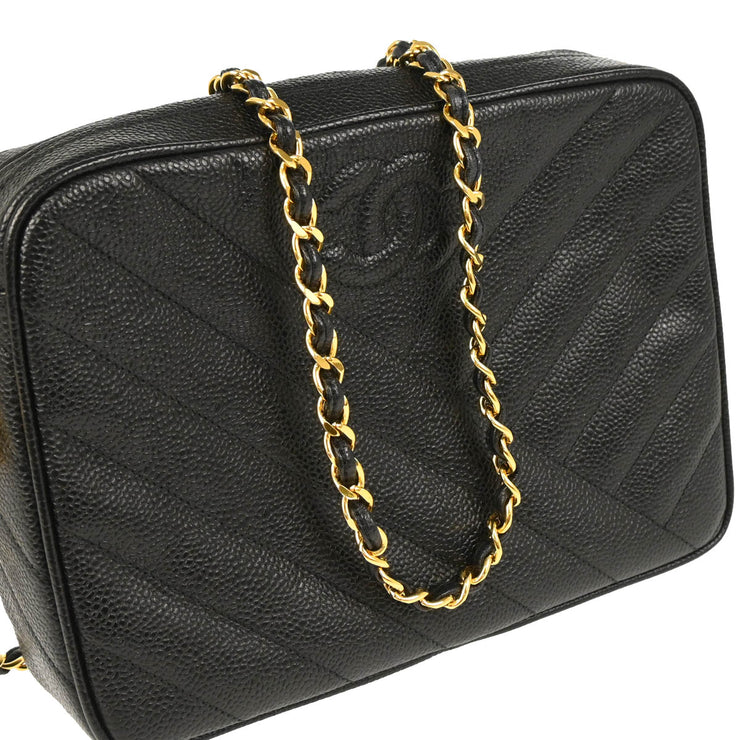 Chanel 1991-1994 Black Caviar Bias Stitch Camera Bag Small Shoulder Bag