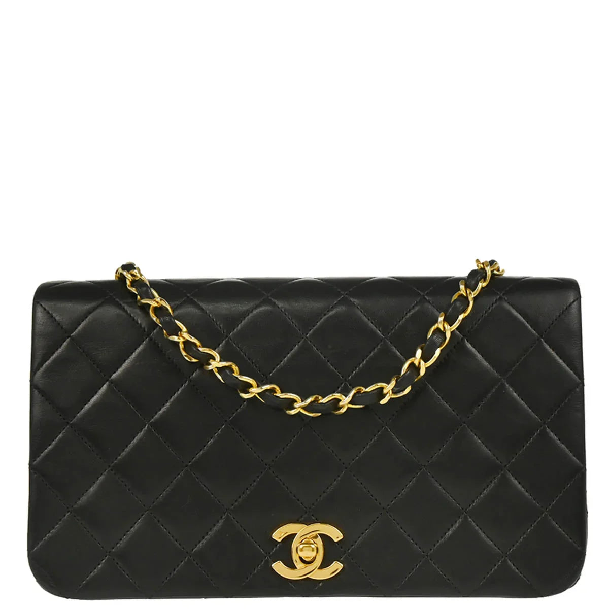 Chanel 1989-1991 Black Lambskin Turnlock Small Full Flap Shoulder Bag