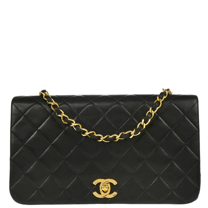 Chanel 1989-1991 Black Lambskin Turnlock Small Full Flap Shoulder Bag