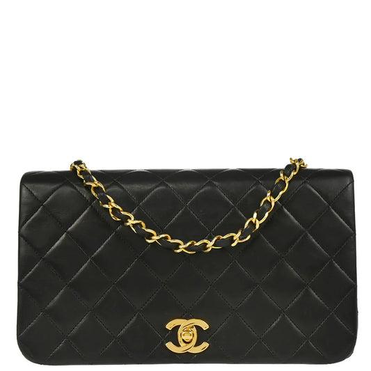Chanel 1989-1991 Black Lambskin Turnlock Small Full Flap Shoulder Bag