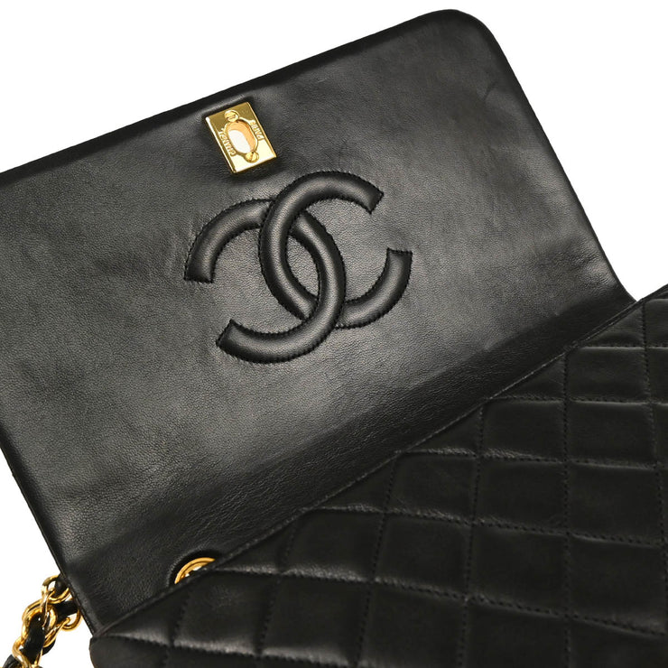 Chanel 1989-1991 Black Lambskin Turnlock Small Full Flap Shoulder Bag