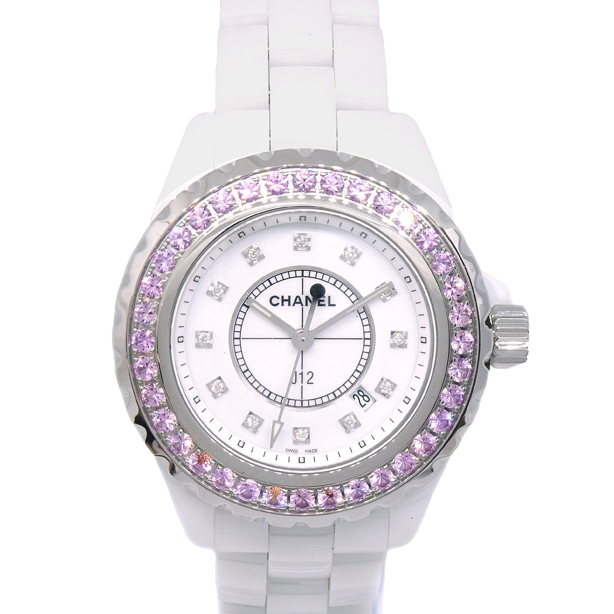 Chanel Ref.H2010 J12 33mm Quartz Watch Ceramic SS Diamond Pink Sapphir ...