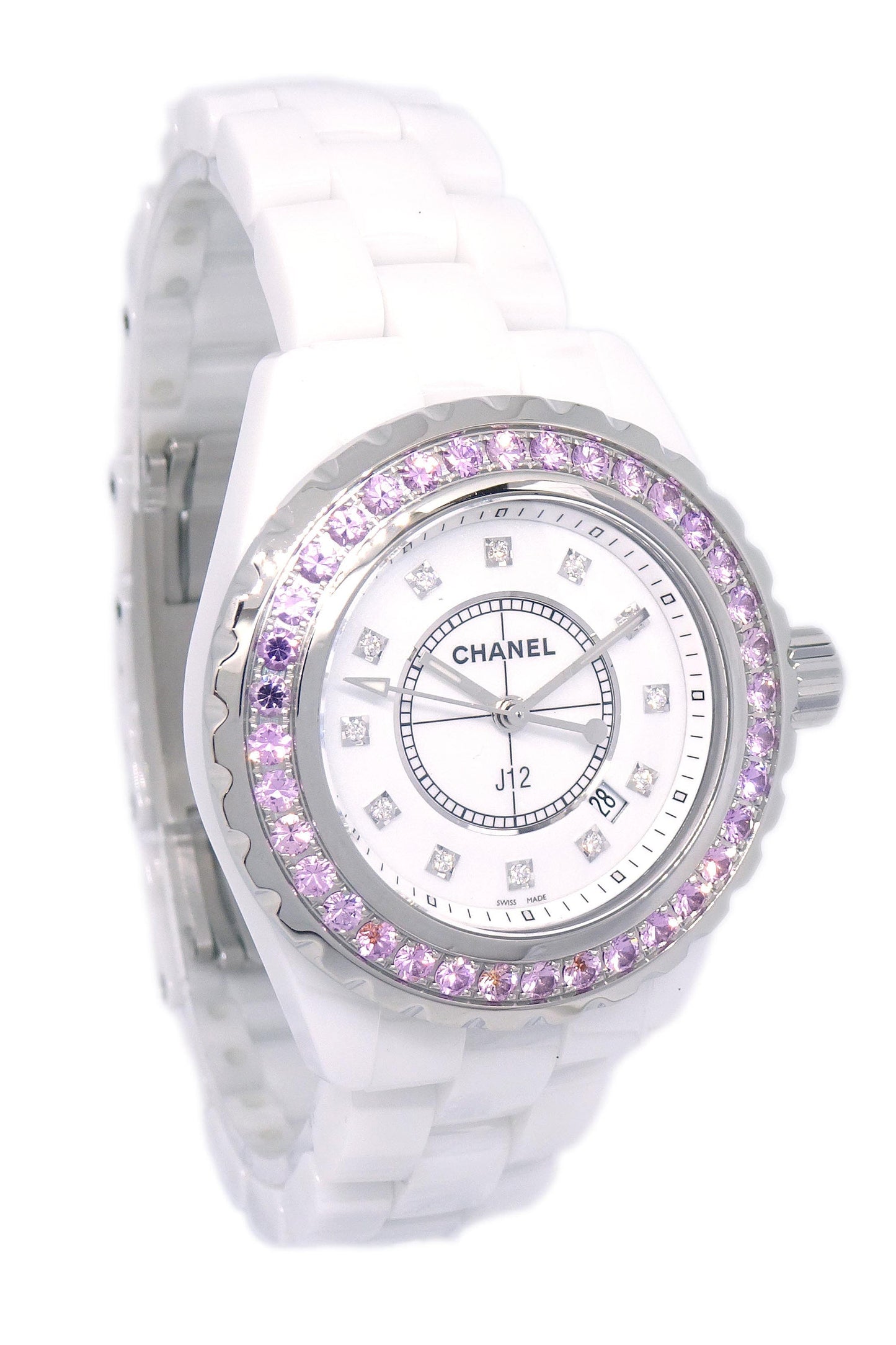Chanel Ref.H2010 J12 33mm Quartz Watch Ceramic SS Diamond Pink Sapphire