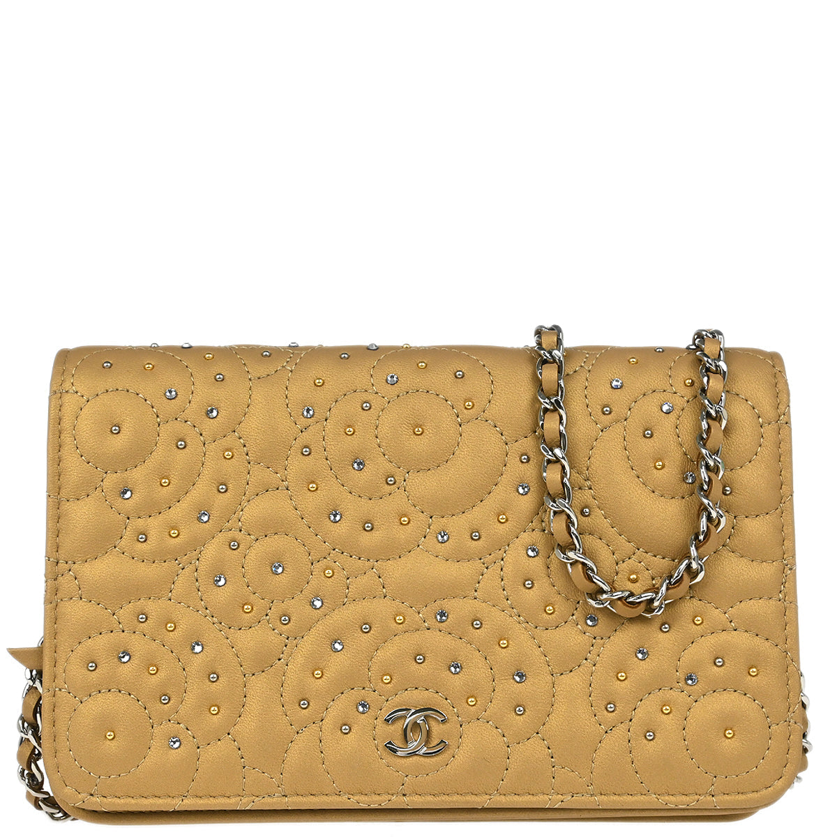 Chanel 2019 Beige Lambskin Rhinestone Camellia WOC Shoulder Wallet Bag