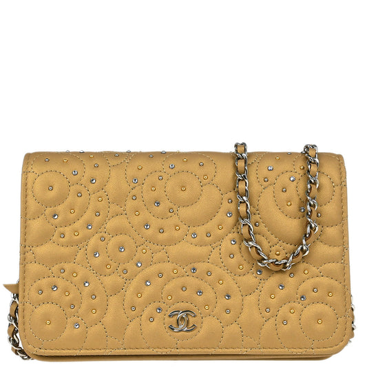 Chanel 2019 Beige Lambskin Rhinestone Camellia WOC Shoulder Wallet Bag