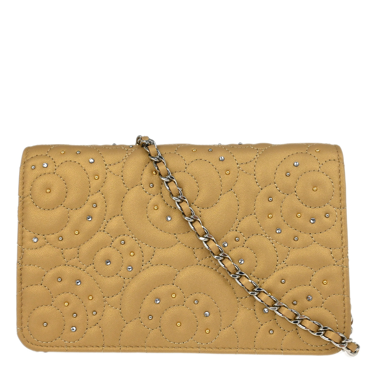 Chanel 2019 Beige Lambskin Rhinestone Camellia WOC Shoulder Wallet Bag