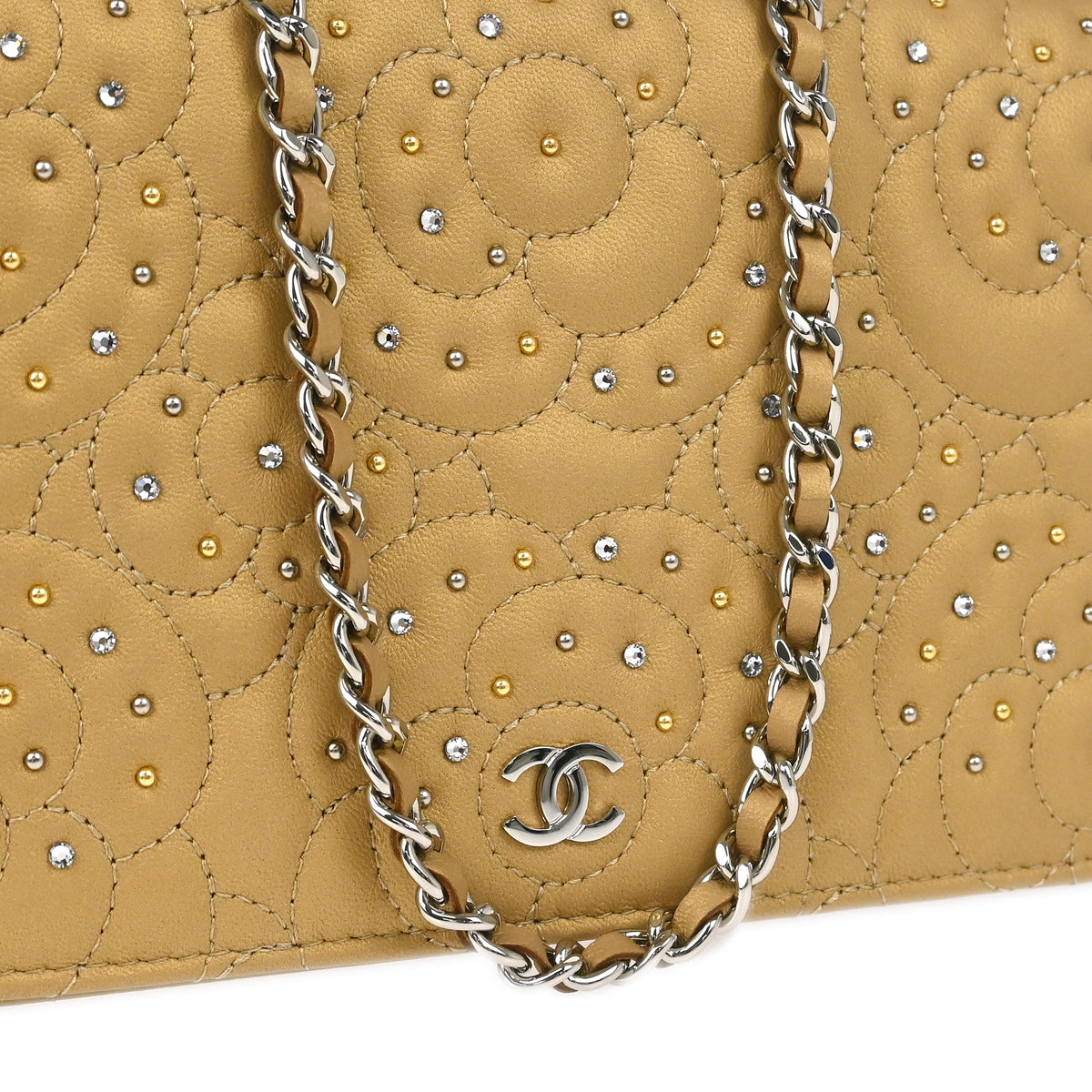 Chanel 2019 Beige Lambskin Rhinestone Camellia WOC Shoulder Wallet Bag