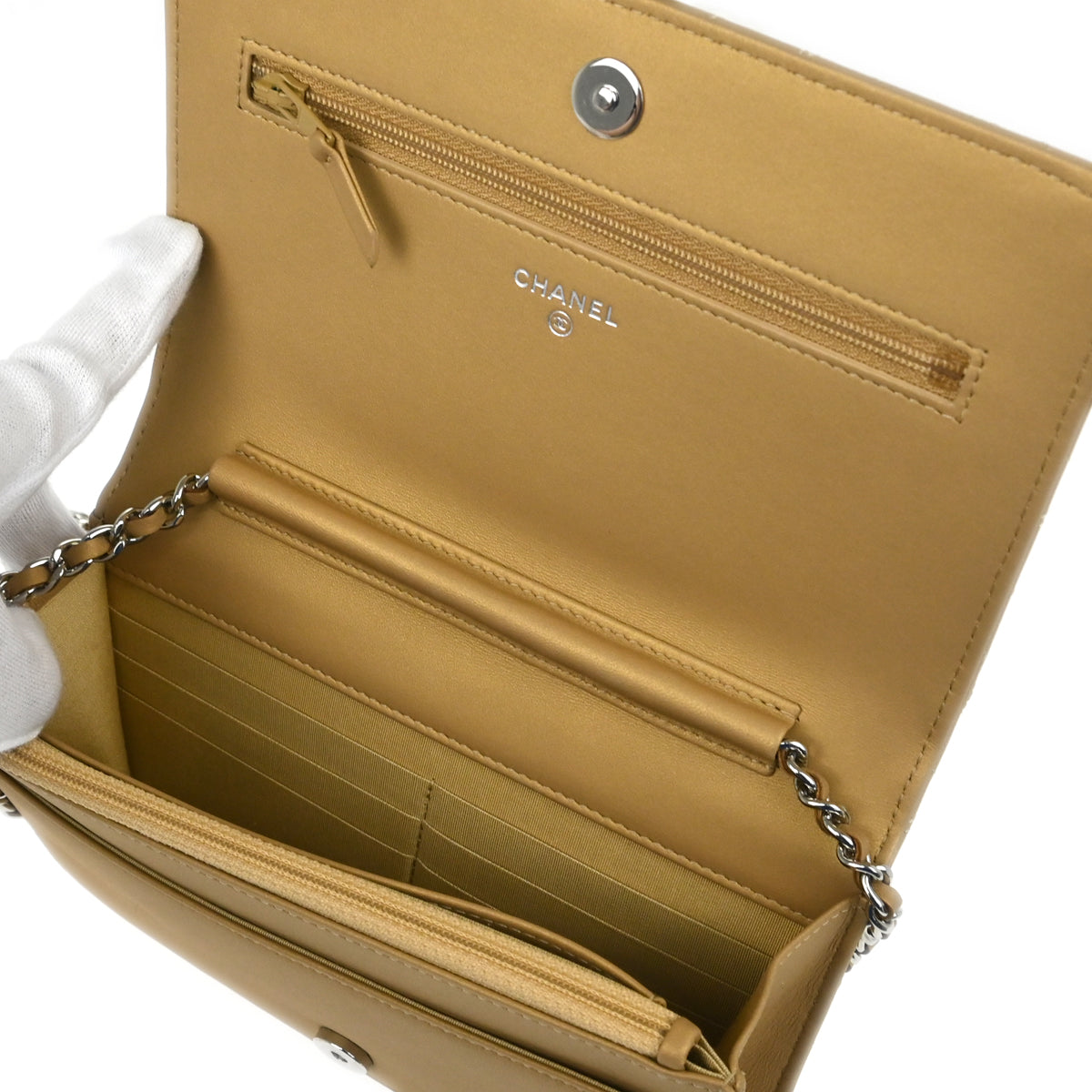 Chanel 2019 Beige Lambskin Rhinestone Camellia WOC Shoulder Wallet Bag