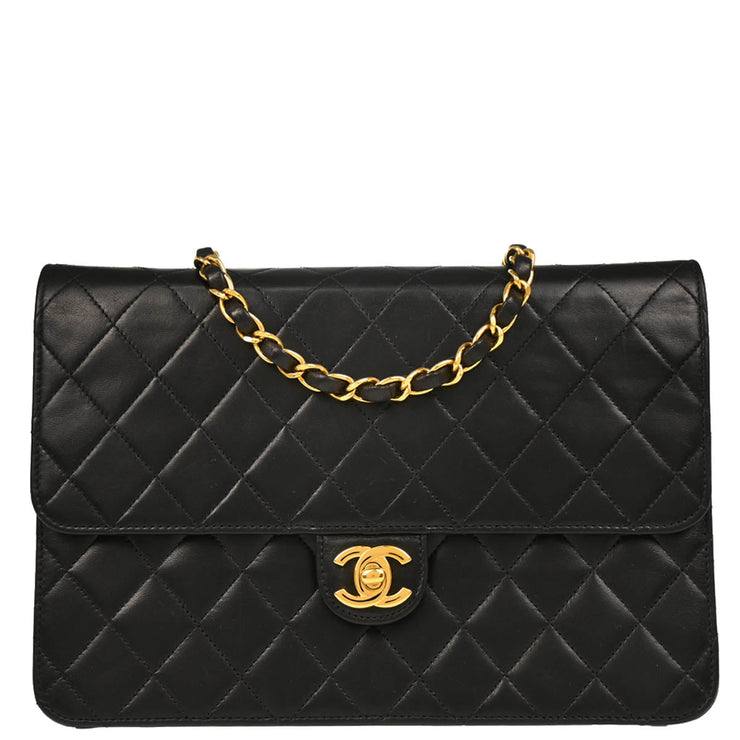 Chanel 1997–1999 Black Lambskin Turnlock Medium Half Flap Shoulder Bag
