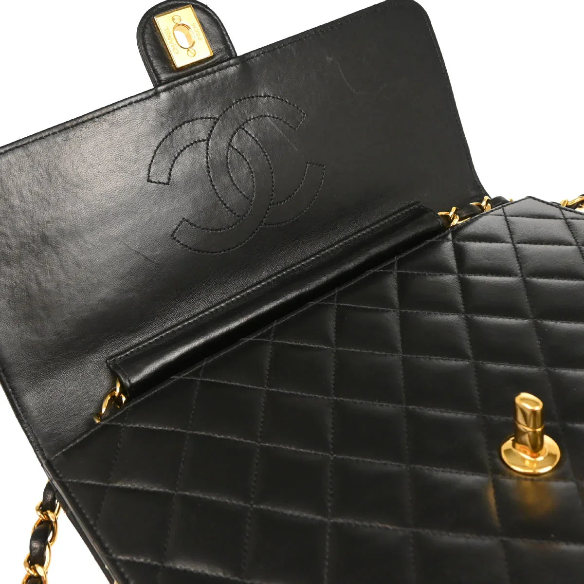 Chanel 1997–1999 Black Lambskin Turnlock Medium Half Flap Shoulder Bag