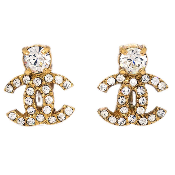 Chanel Gold CC Earrings Clip-On Rhinestone 02A
