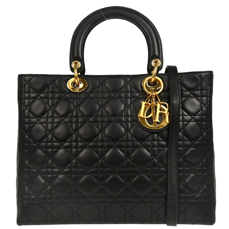 Christian Dior 1997 Black Lambskin Large Lady Dior Cannage 2way Shoulder Handbag