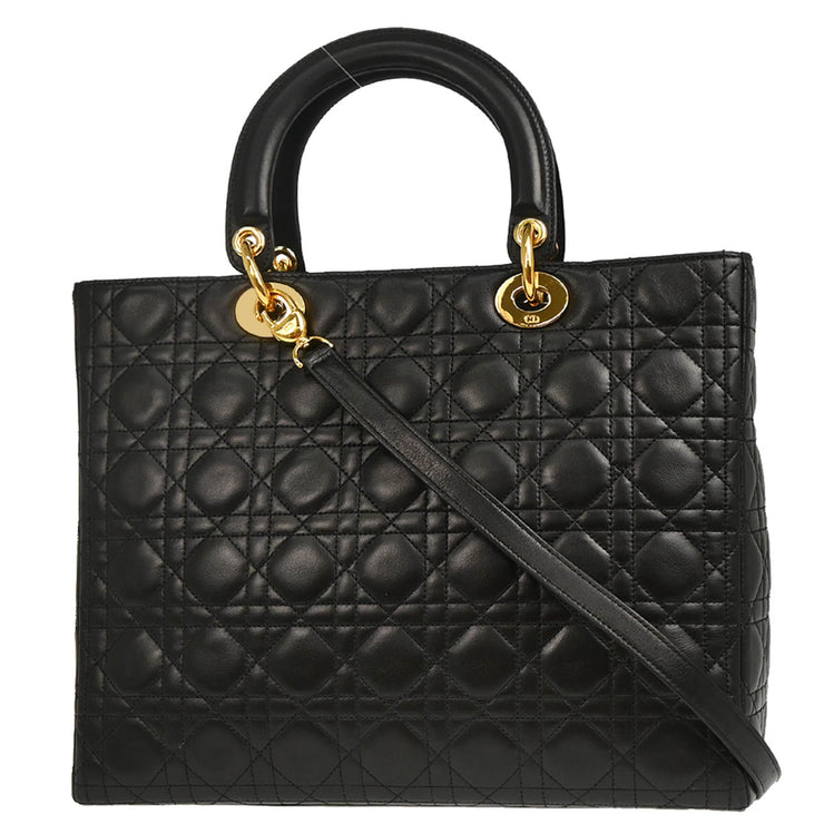 Christian Dior 1997 Black Lambskin Large Lady Dior Cannage 2way Shoulder Handbag