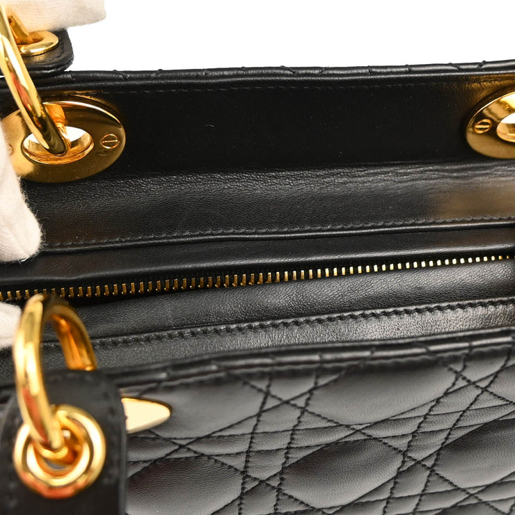 Christian Dior 1997 Black Lambskin Large Lady Dior Cannage 2way Shoulder Handbag