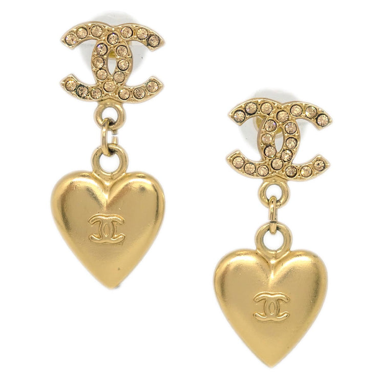 Chanel Heart Dangle Piercing Earrings Gold Rhinestone 02P