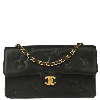 Chanel 1994-1996 Black Lambskin Star Stitch Classic Single Flap Medium