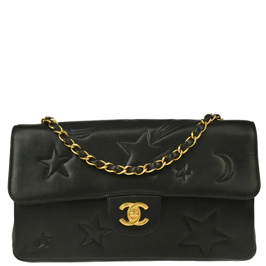 Chanel 1994-1996 Black Lambskin Star Stitch Classic Single Flap Medium
