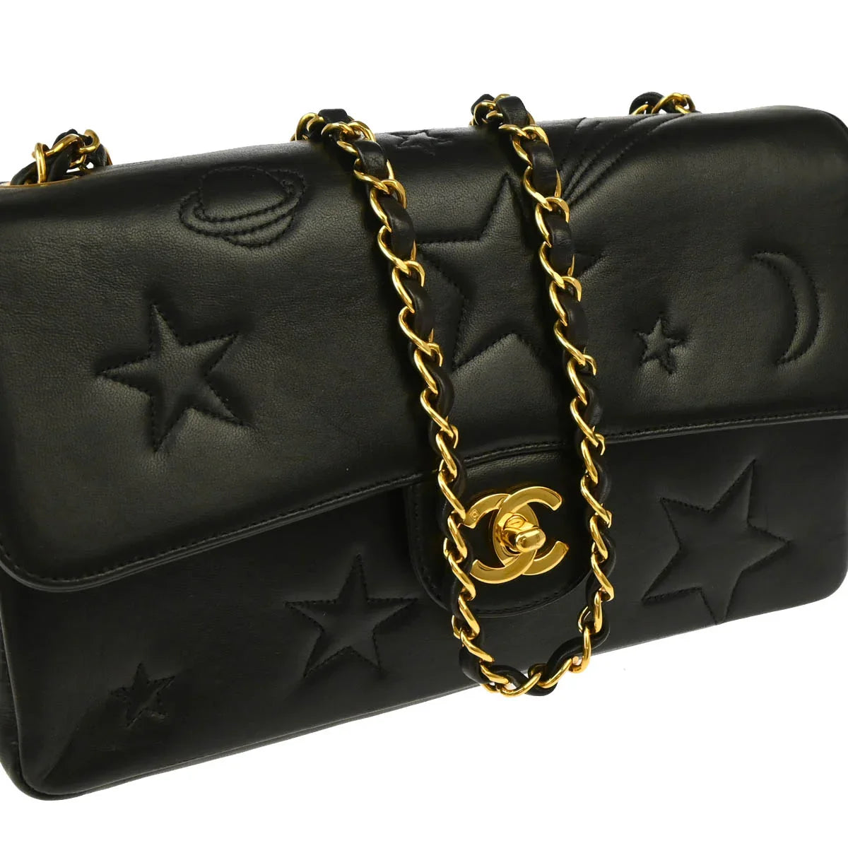 Chanel 1994-1996 Black Lambskin Star Stitch Classic Single Flap Medium