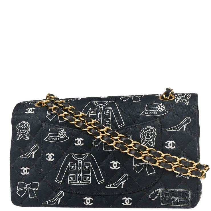 Chanel 2002-2003 Navy Canvas Icon Medium Classic Double Flap Shoulder Bag