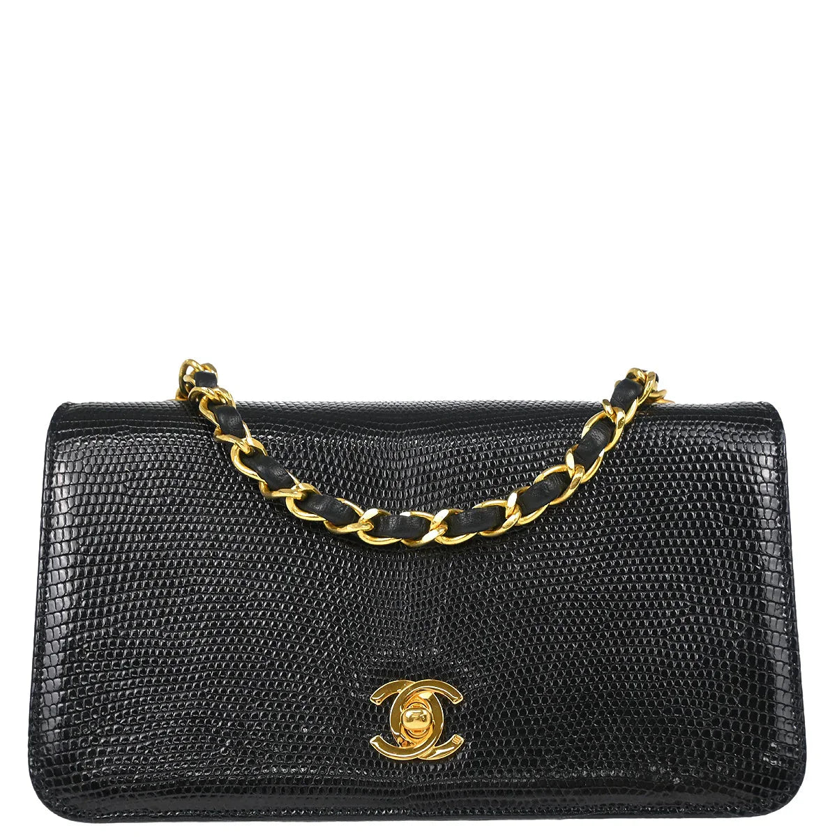 Chanel * 1989-1991 Black Lizard Turnlock Mini Full Flap Shoulder Bag