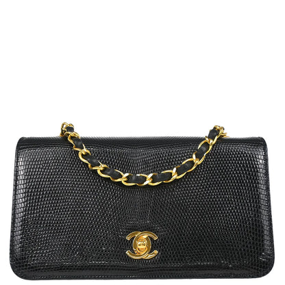 Chanel * 1989-1991 Black Lizard Turnlock Mini Full Flap Shoulder Bag