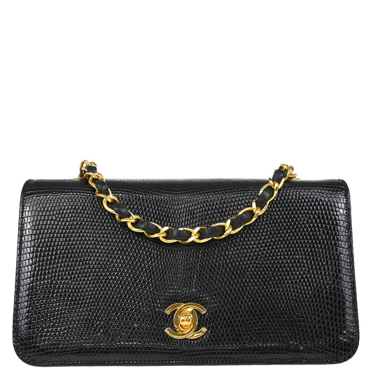 Chanel * 1989-1991 Black Lizard Turnlock Mini Full Flap Shoulder Bag