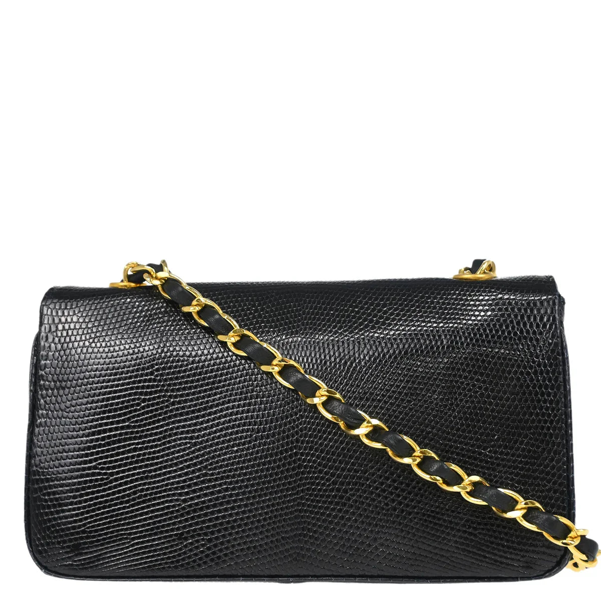 Chanel * 1989-1991 Black Lizard Turnlock Mini Full Flap Shoulder Bag