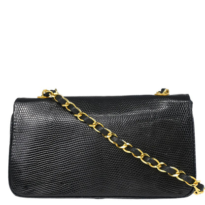 Chanel * 1989-1991 Black Lizard Turnlock Mini Full Flap Shoulder Bag