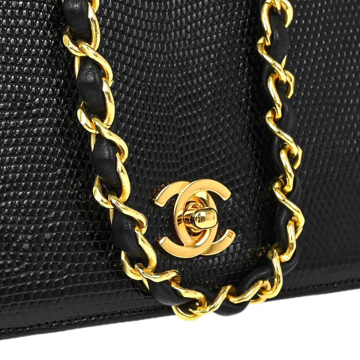 Chanel * 1989-1991 Black Lizard Turnlock Mini Full Flap Shoulder Bag