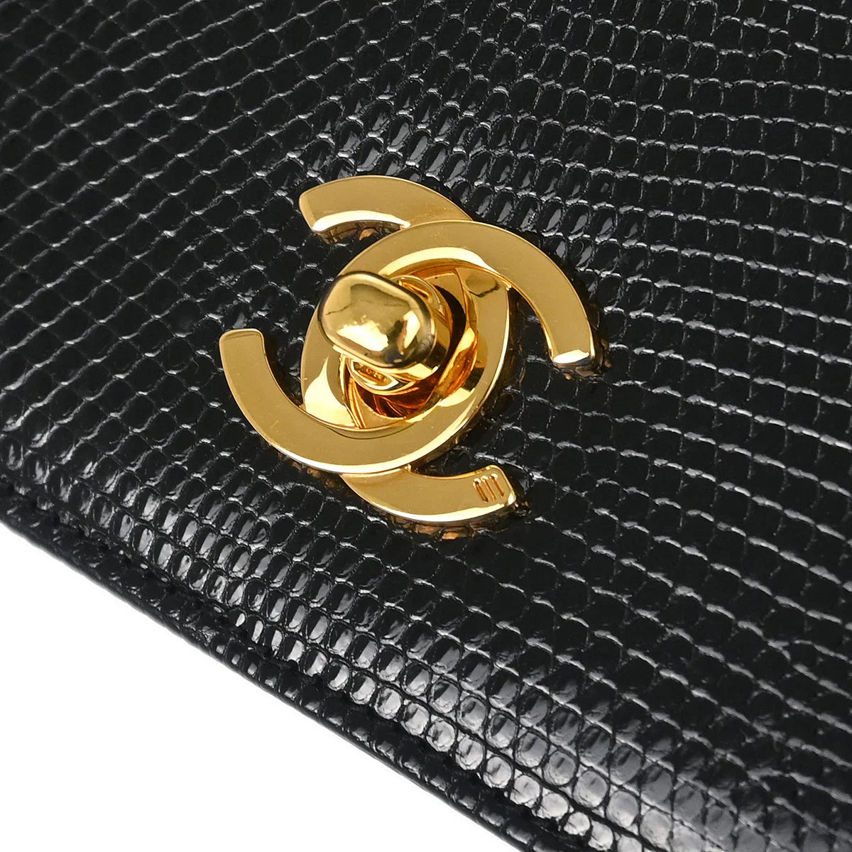 Chanel * 1989-1991 Black Lizard Turnlock Mini Full Flap Shoulder Bag