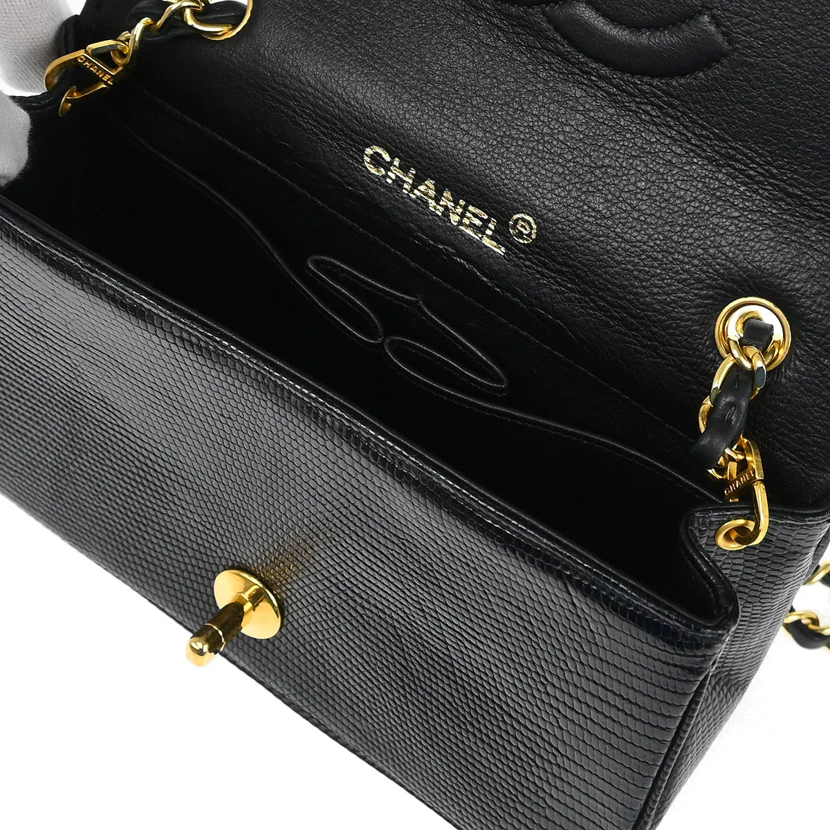 Chanel * 1989-1991 Black Lizard Turnlock Mini Full Flap Shoulder Bag
