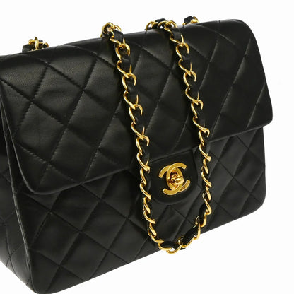 Chanel 1991-1994 Black Lambskin Classic Square Flap Shoulder Bag